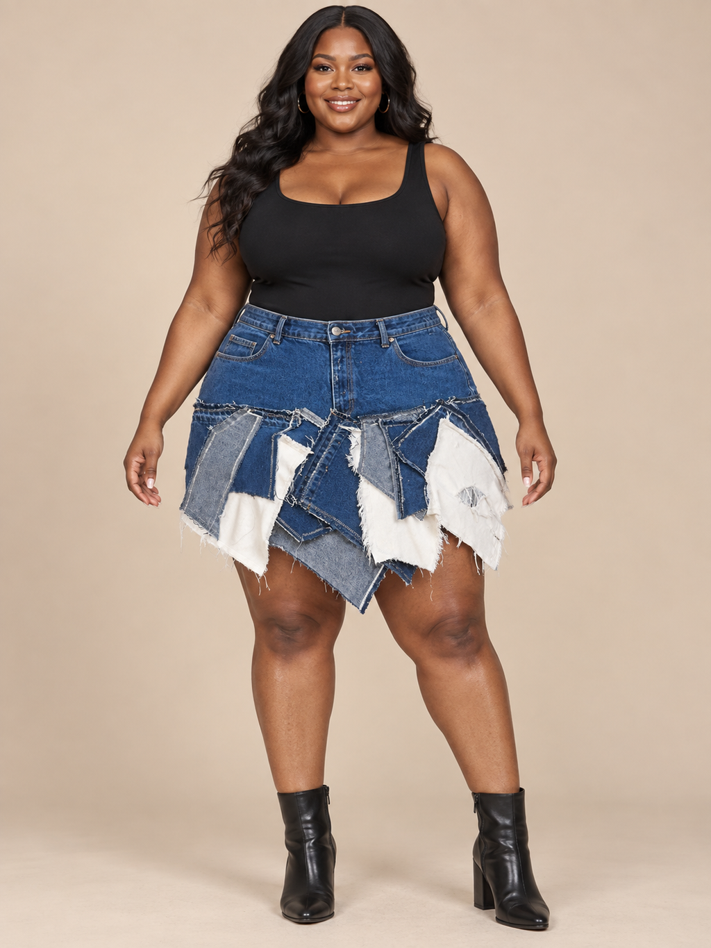 Layered Patchwork Denim Skirt