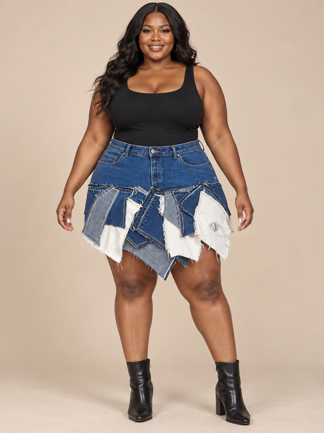 Layered Patchwork Denim Skirt