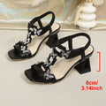 Summer Elastic Strap Rhinestone Fairy High Heel Sandals Women Bow Chunky Heel Square Toe Sandals
