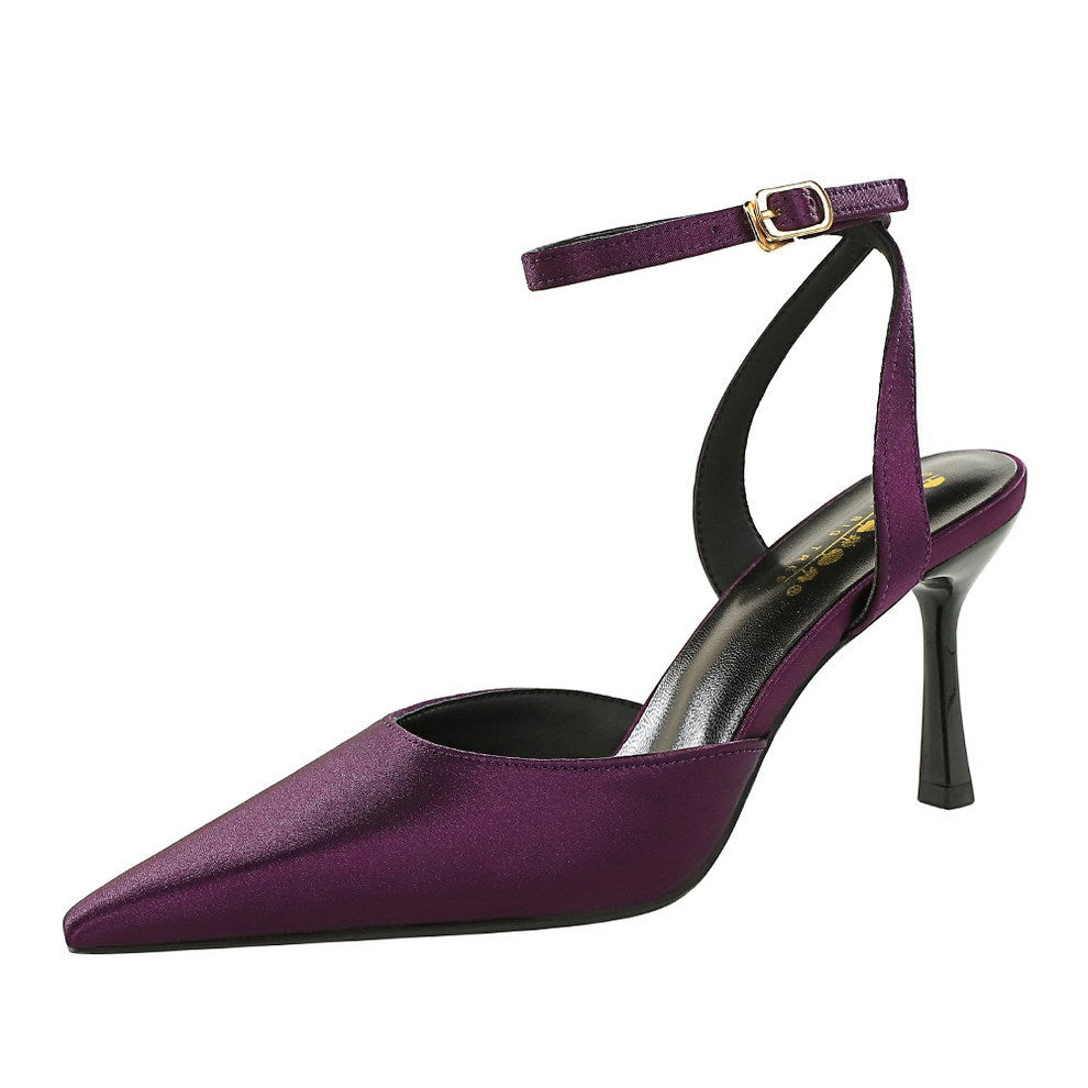 Sexy Nightclub Hollow Out Cutout out Stiletto Women Shoes Pointed Shallow Mouth Senior Satin Rear Empty Strap