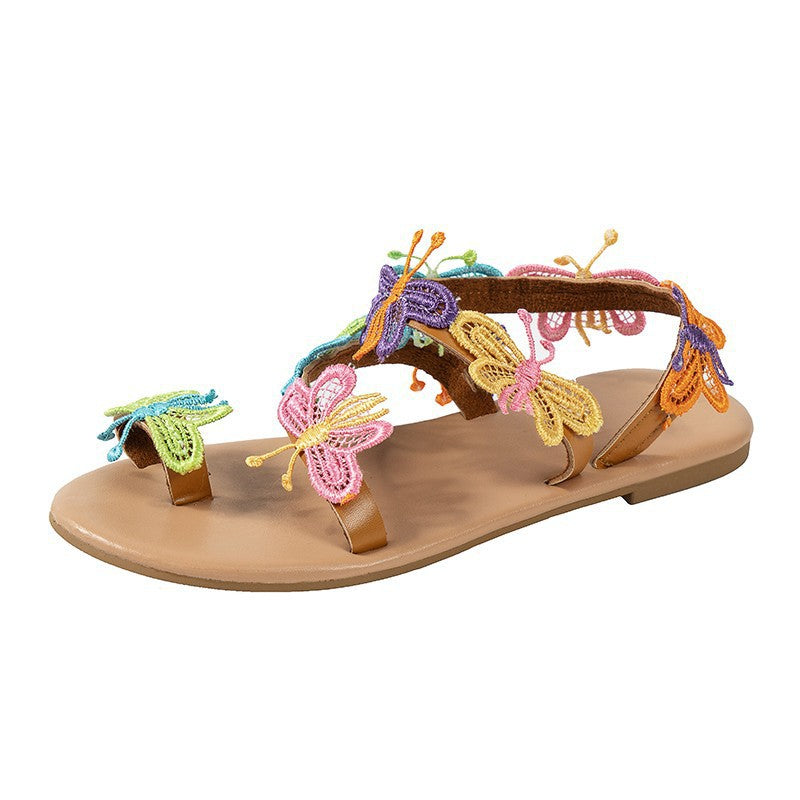 Southeast Asian Colorful Flat Sandals Women Outer Wear Ethnic Butterfly Toe Covering Beach Slippers