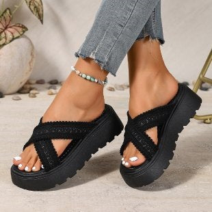 Thick Bottom Cross Strap Slippers for Women Summer Outdoor Platform Beach Slippers