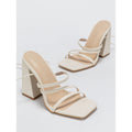 Lace up Square Toe Chunky Heel Nude Shoes Sandals