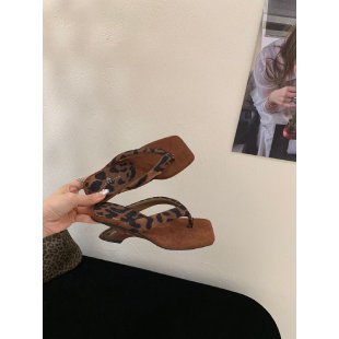 Leopard Print Wedge Toe Square Toe Slippers Women Niche Profiled Heel with Sandals