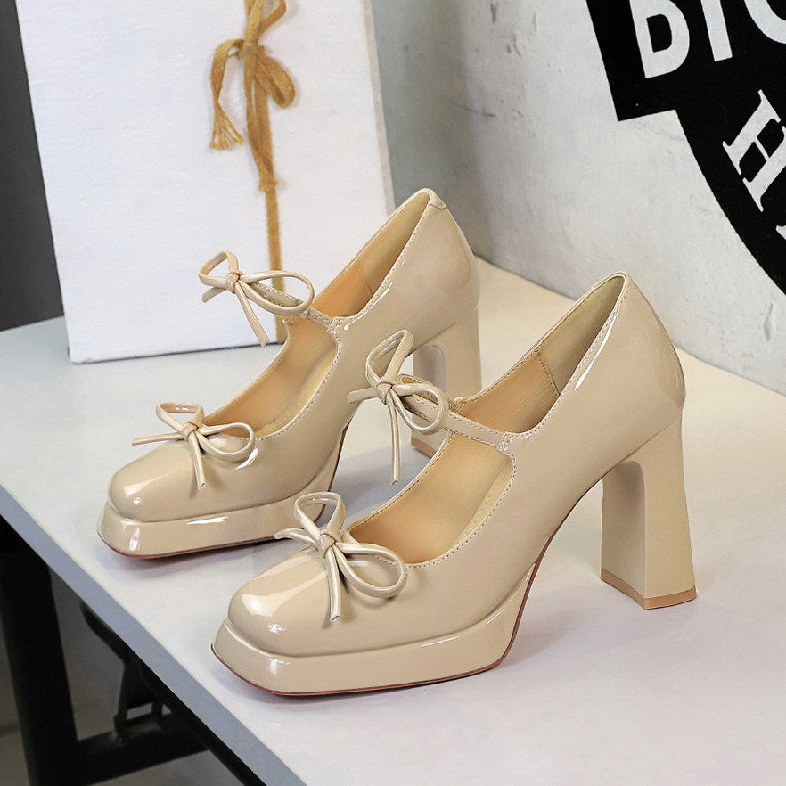 Sexy Patent Leather Bow Buckle Waterproof Platform Super High Heel Not Tired Feet Shoes