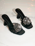 Women Summer Sandals High Heel Slippers Wine Cup Heel Rhinestone Floral High Heel Sandals Black Silver Gold