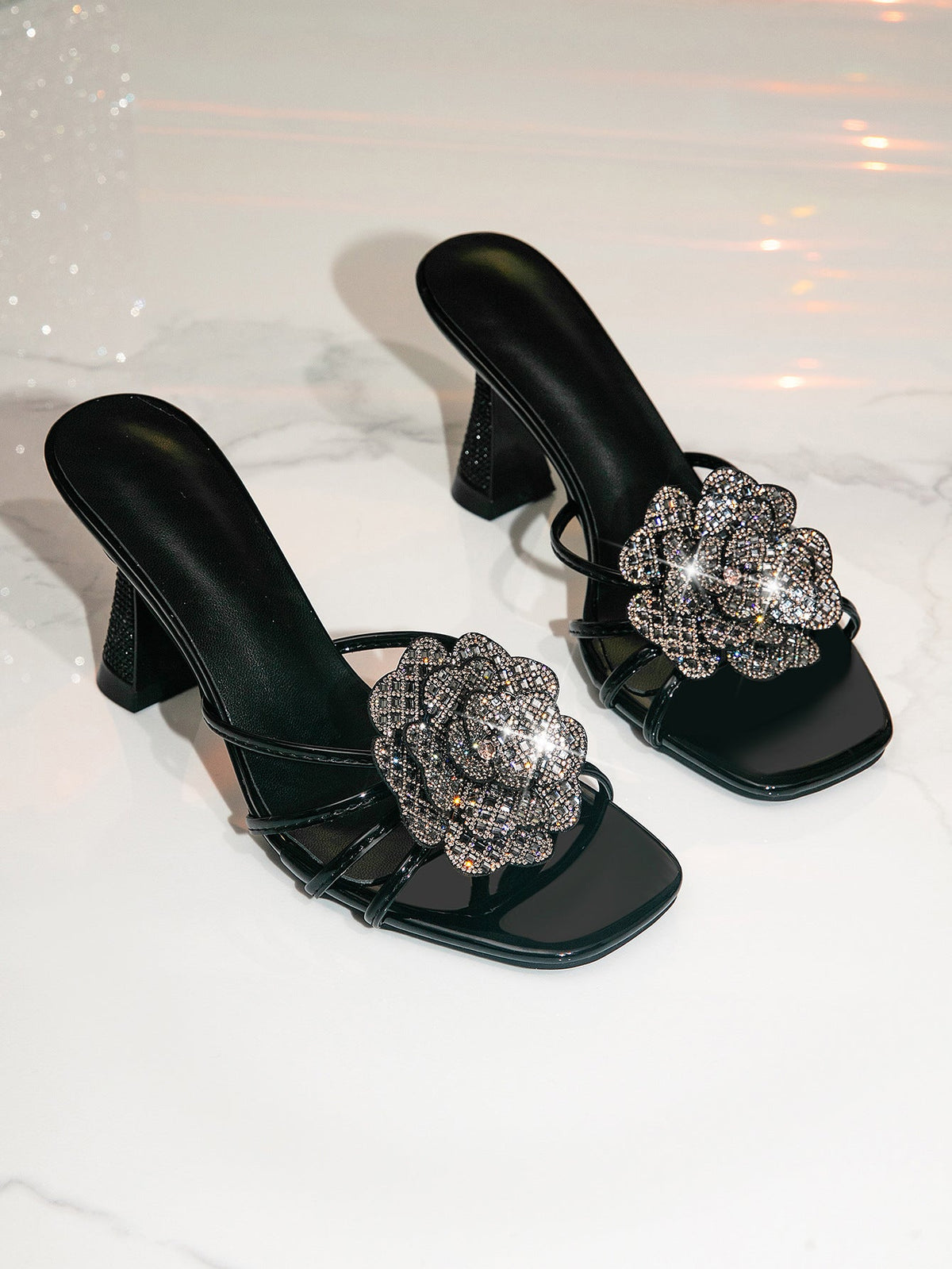 Women Summer Sandals High Heel Slippers Wine Cup Heel Rhinestone Floral High Heel Sandals Black Silver Gold