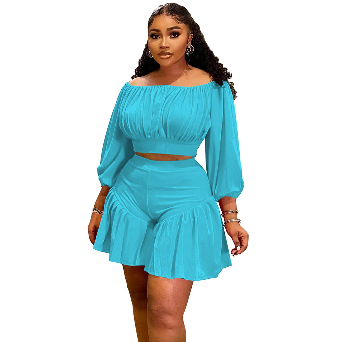 plus Size Women Clothing Pleated off Neck Fluffy Waist Trimming Casual Two Piece Sets