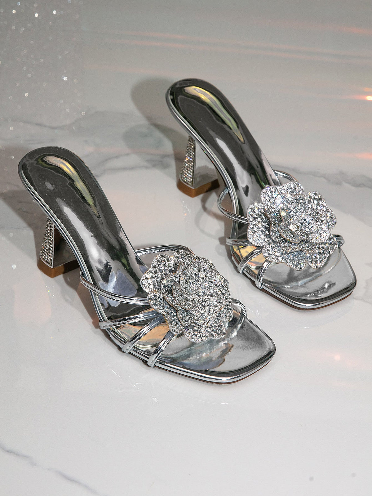 Women Summer Sandals High Heel Slippers Wine Cup Heel Rhinestone Floral High Heel Sandals Black Silver Gold