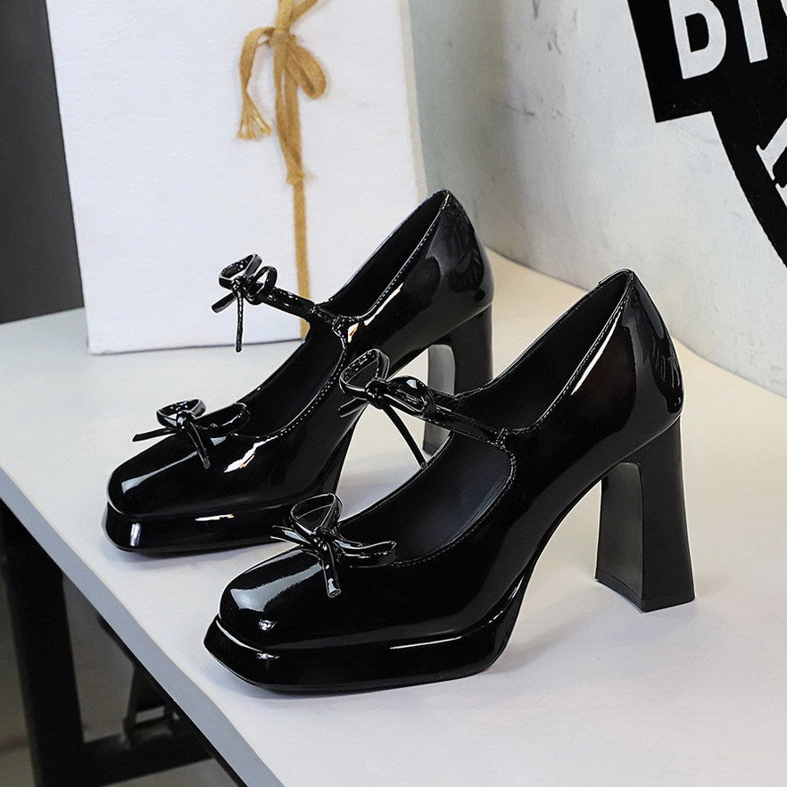 Sexy Patent Leather Bow Buckle Waterproof Platform Super High Heel Not Tired Feet Shoes