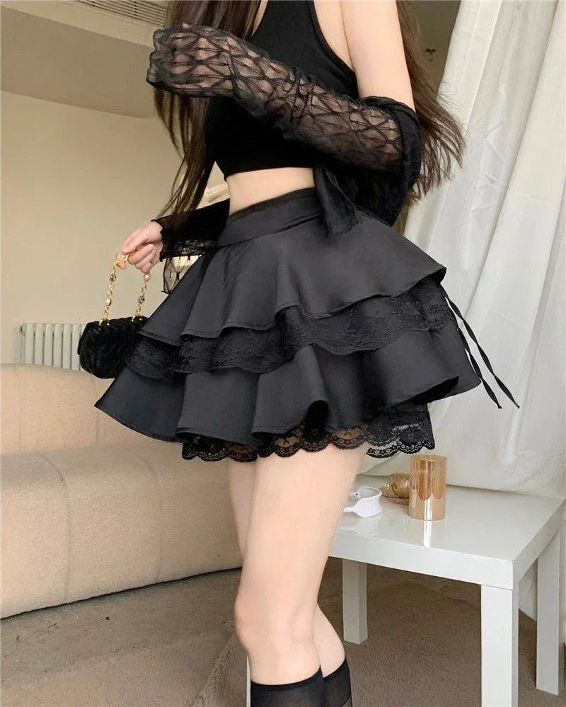 Y2K Sweet Solid Women Mini Skirt Summer High Waist Lace Patchwork Ladies Ball Gown Fashion All Match Ruffles Female Skirt