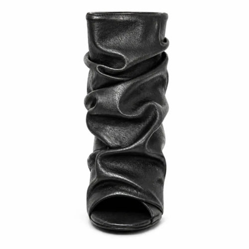 Black Soft Leather Peep Toe Pleated Mid-calf Boots Fashion Women 5 CM Thin Heels Solid Booties High Heel Boots Shoes Lady