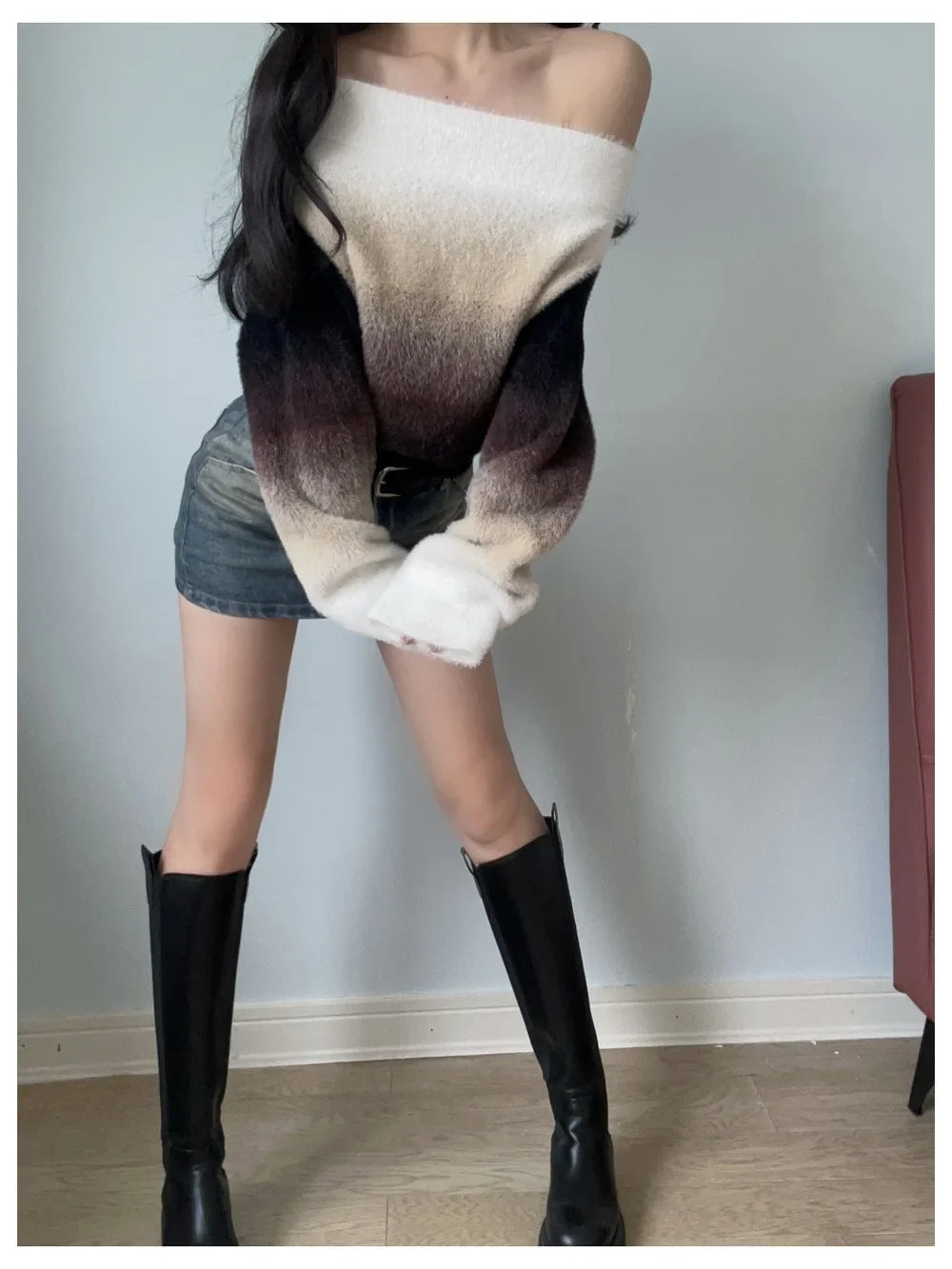 Women’s Retro Gradient Off-Shoulder Sweater