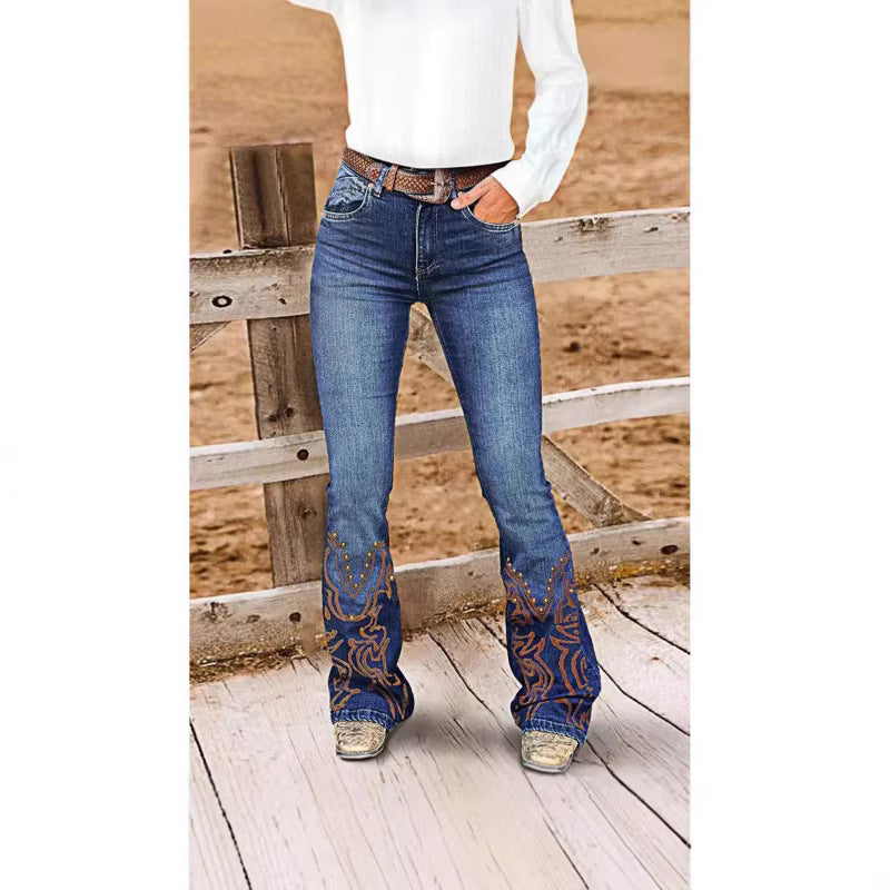 Womens Retro Beaded Embroidered Stretch Denim Jeans