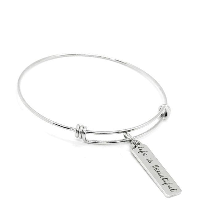 Life Is Beautiful Stainless Steel Bracelet Inspirational Jewelry Adjustable Bangle With Engraved Charm Positive Quote Gift For Women