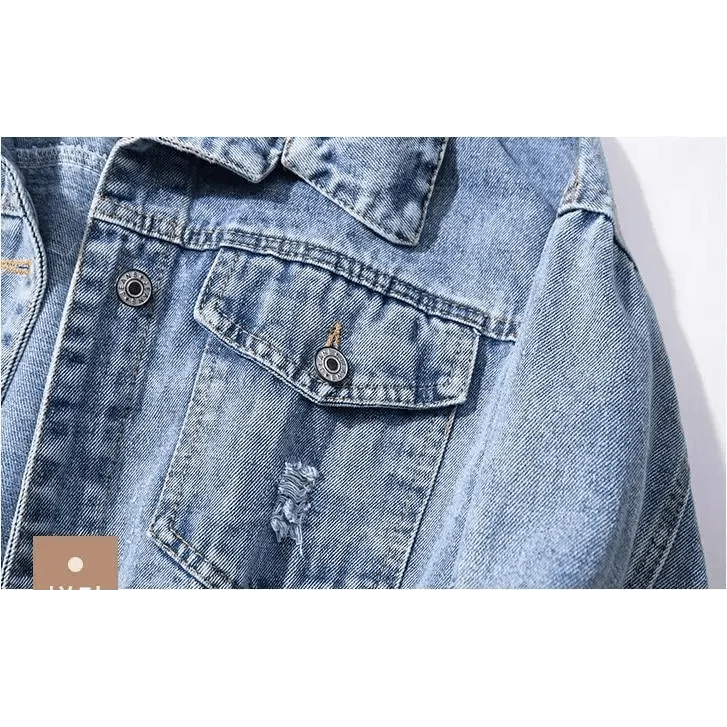 New Sizzling Women's Denim Jacket Fashionable Streetwear Letter Stylish Chic Printed Ripped Holes Jean Patchwork Jeans Female Coat